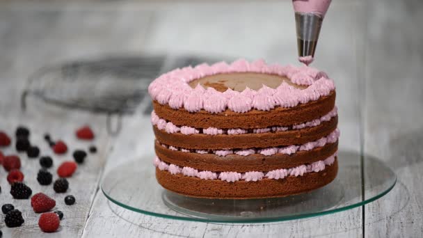 Preparación de hacer pastel de chocolate con bayas. Mujeres mano decorar pastel . — Vídeos de Stock