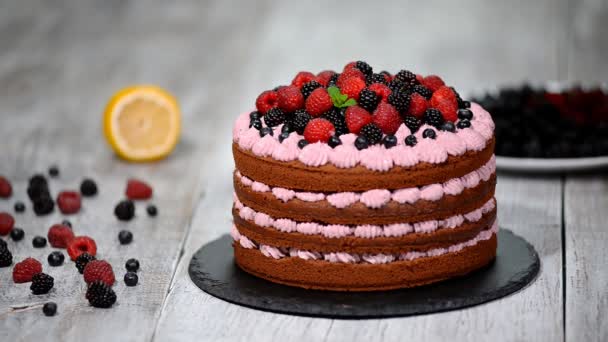 Szakács díszíteni a torta bogyók és menta. — Stock videók