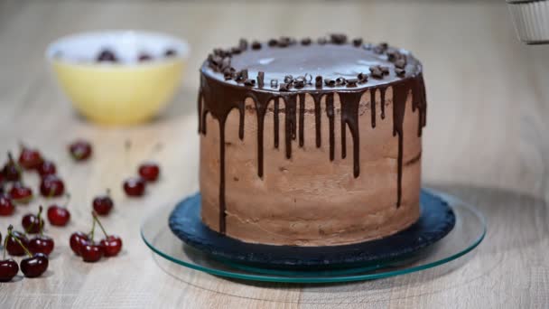 Assar e decorar bolo de chocolate. Decoração de bolo com chocolate . — Vídeo de Stock