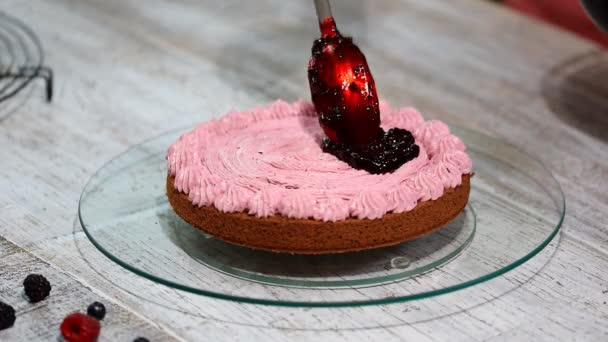 Przygotowanie, co czekoladowe ciasto z jagodami. Womans ręka udekorować tort. — Wideo stockowe