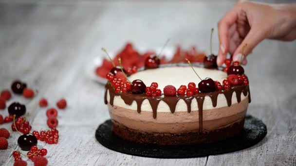 Bolo de mousse de chocolate triplo decorado com bagas frescas . — Vídeo de Stock