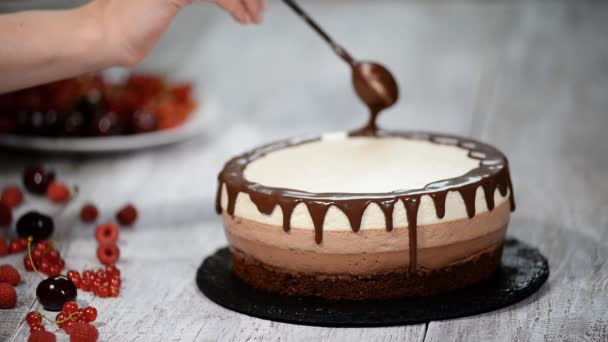 Fazendo bolo de mousse de chocolate triplo . — Vídeo de Stock