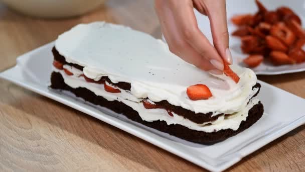 Montage der Kuchen aus Schokoladenkeksen. Zubereitung Erdbeer-Keks-Kuchen. Backen eines Schokokekskuchens. — Stockvideo