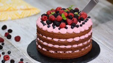 Taze berry ile güzel çikolatalı pasta kesme.