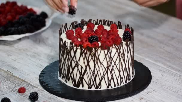 Konditor dekoriert Kuchen mit Beeren. — Stockvideo