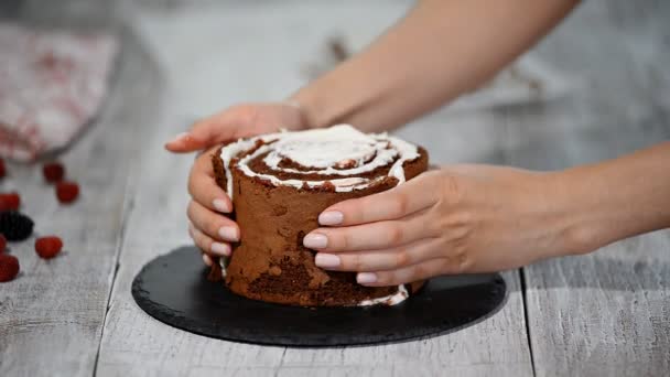 Making trendy rustic vertical roll high cake with chocolate, vanilla cream and raspberries. — Stock Video