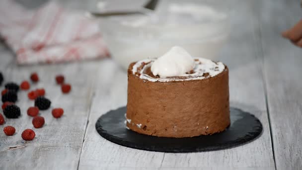 用巧克力 香草奶油和覆盆子制作时髦质朴的垂直辊高蛋糕 — 图库视频影像