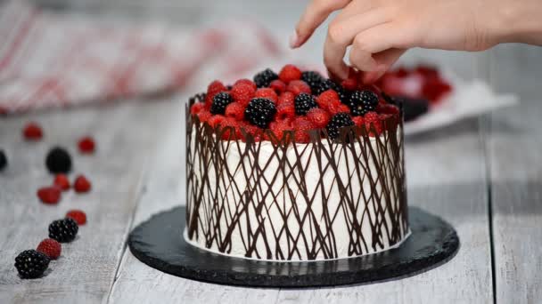 Konditor dekorerar en tårta med bär. — Stockvideo