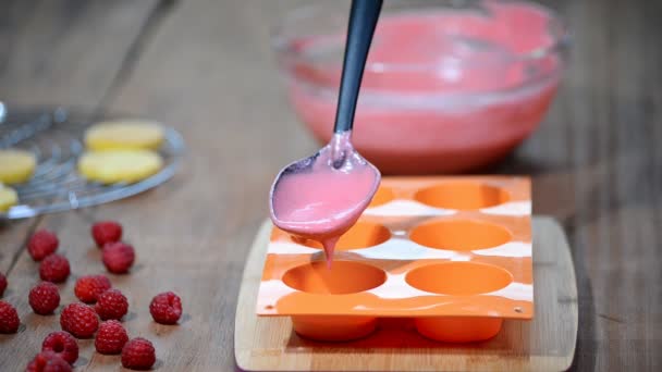 프랑스 라즈베리 무스 케이크 만들기. 홈 제과. — 비디오