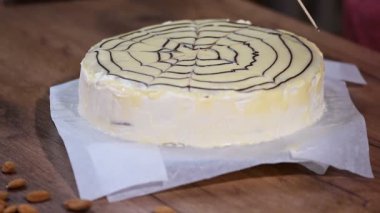 Klasik esterhazy beyaz çikolatalı krem sır ve koyu çikolata örümcek ağı ile dekore edilmiş caked.
