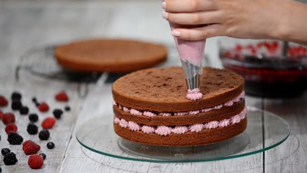 El pastelero está decorando pastel de chocolate. . — Vídeo de stock