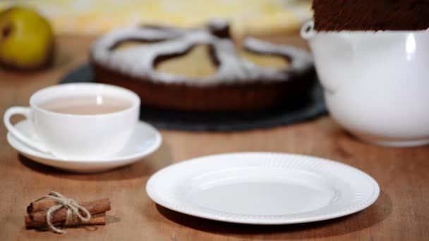 Piece of homemade chocolate pie with pears. Chocolate Pear Cake. — Stock Video