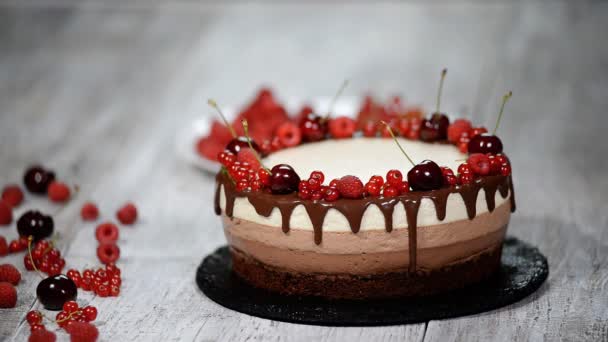 Delicioso pastel de mousse de chocolate de tres capas, decorado con bayas frescas . — Vídeos de Stock