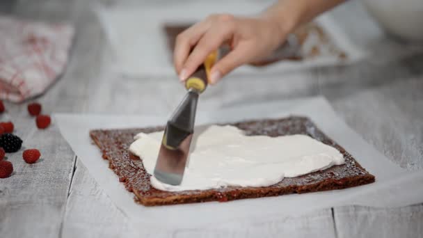 Efectuarea rola elvețiană de ciocolată cu cremă de vanilie și zmeură . — Videoclip de stoc