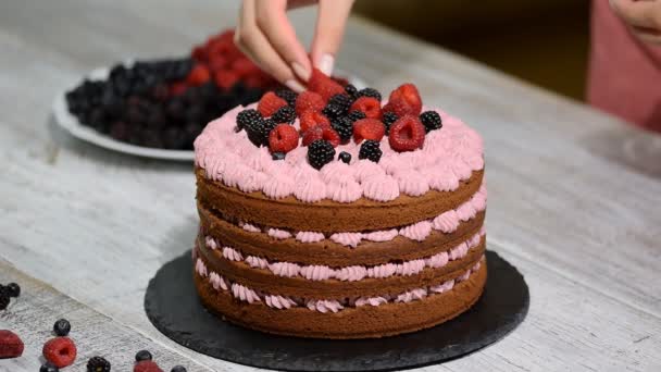 Cukrář zdobí čokoládový dort s ovocem. — Stock video