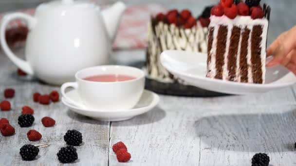 Trendy rustieke verticale roll hoge taart met chocolade, vanille crème en bessen. — Stockvideo