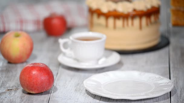 Potongan Caramel Apple Cake dengan rempah-rempah, kayu manis, karamel krem dalam gaya musim gugur — Stok Video