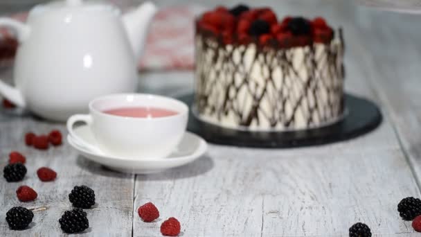 Μοντέρνα ρουστίκ ρολό κάθετης υψηλής κέικ με σοκολάτα, κρέμα βανίλια και μούρα. — Αρχείο Βίντεο