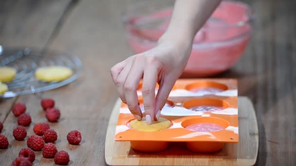 La preparación de la torta sabrosa mousse. Pasteles de mousse francés con esmalte de espejo. Postre europeo moderno — Vídeos de Stock