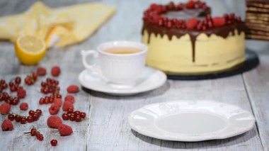 Çikolata tatlım katman Medovik pasta. Parça çikolatalı tatlım pastası.