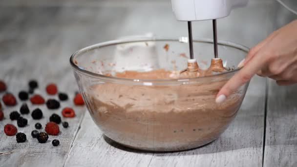 Vrouwelijke handen chocolade deeg roeren met een mixer voor cake. — Stockvideo