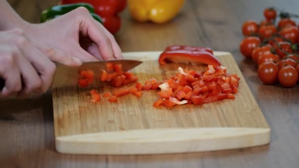 Paprika schneiden. Tortilla mit Huhn und Paprika zubereiten. — Stockvideo