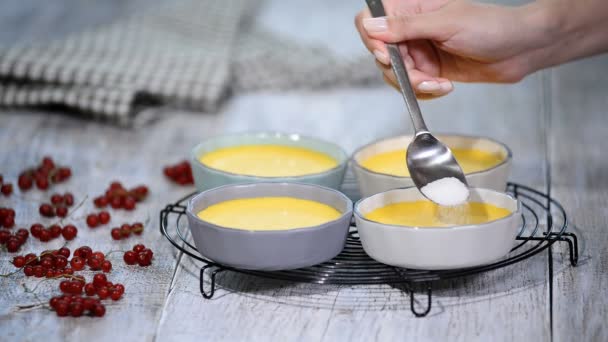 Hemmagjord creme brulée recept. Strö socker. — Stockvideo