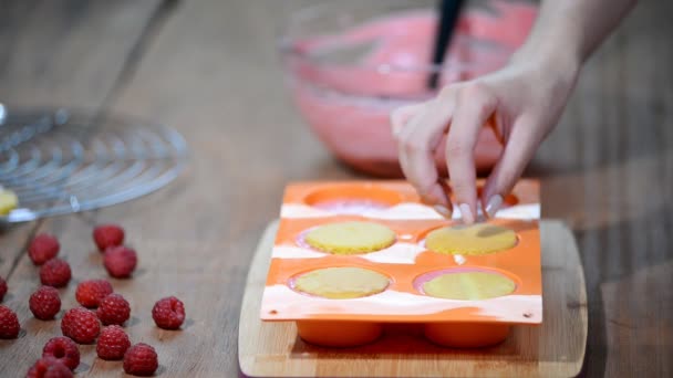 Att Göra Franska Hallonmousse Tårta Hem Konfektyr — Stockvideo