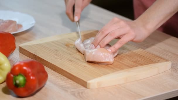 Chef Woman Cuts Chicken Kitchen — Stock Video