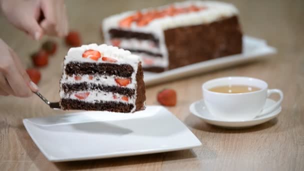 Das Stück Schokoladenkuchen mit Erdbeeren. — Stockvideo