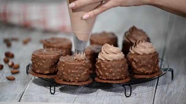 チョコレートムース ケーキを飾る チョコレート艶出しで覆われたチョコレートのヘーゼル ナッツのムース ケーキ — ストック動画