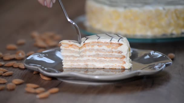 Klassischer esterhazy Kuchen im Teller. — Stockvideo