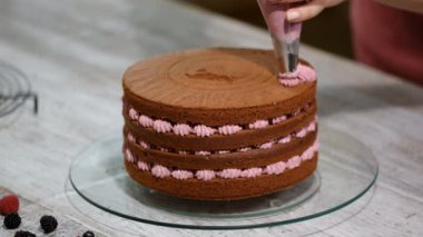 Adım adım. Renkli buttercream frosting bir çikolatalı kek montaj Baker.