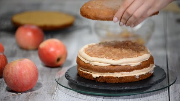 Le processus d'assemblage du gâteau aux pommes . — Video