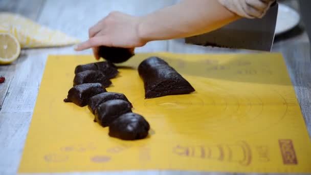 Process of cutting dough making dish cooking homemade dough. — Stock Video