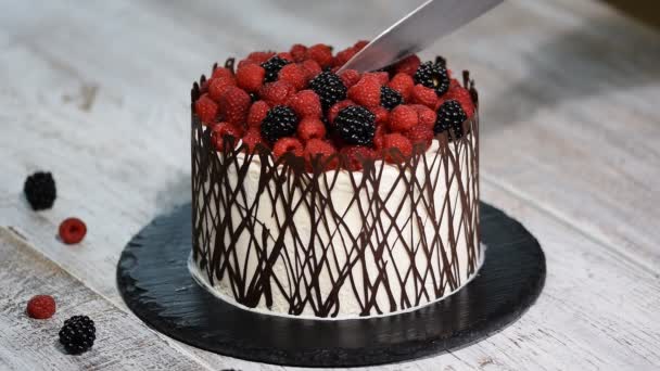 Torta de corte a mano femenina con bayas . — Vídeos de Stock