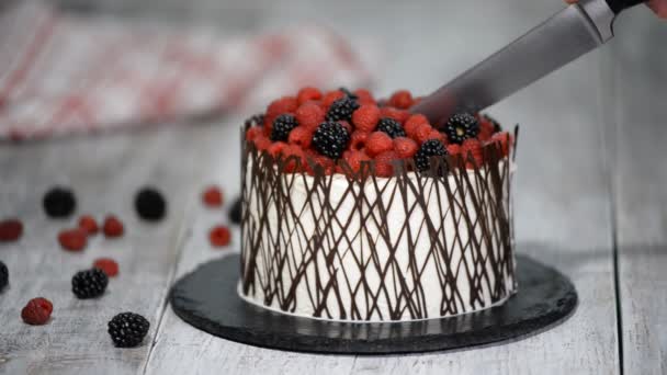 Torta de corte a mano femenina con bayas . — Vídeos de Stock