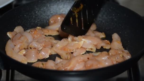 Chopped chicken fillet fry on frying pan. — Stock Video
