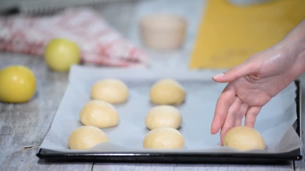 Μαγιά ψωμάκια πριν το ψήσιμο, βρίσκονται σε ταψί με χαρτί ψησίματος. Διαδικασία μαγειρέματος. — Αρχείο Βίντεο