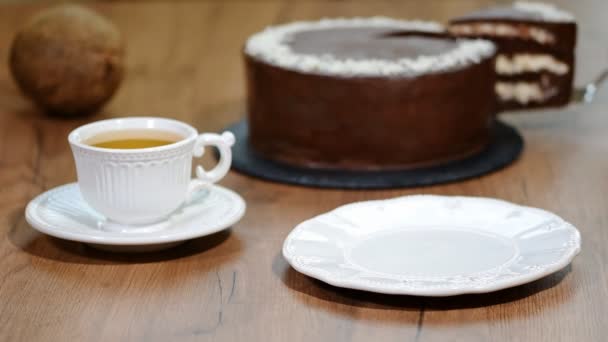 Вкусный шоколадный торт посыпанный кокосом сверху и украшенный шоколадным кремом . — стоковое видео