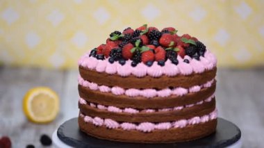 Çikolatalı Kek çilek ile dekore edilmiştir. Yaz berry kek.