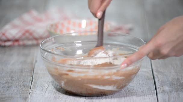 Het mengen van meel, cacao poeder en geslagen eieren. Het maken van chocolade Layer Cake. Serie. — Stockvideo