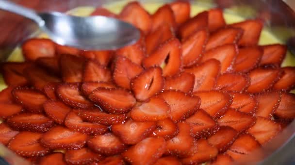 Cooking Strawberry Jelly Cake Pouring Strawberry Jelly Cake — Stock Video