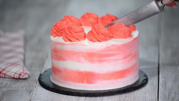 Färgglad tårta. Kvinnlig hand skär Födelsedag tårta. — Stockvideo