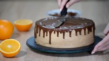 Çikolatalı kek üzerine krema. Modern kek. Pastacı pasta süslemeleri.