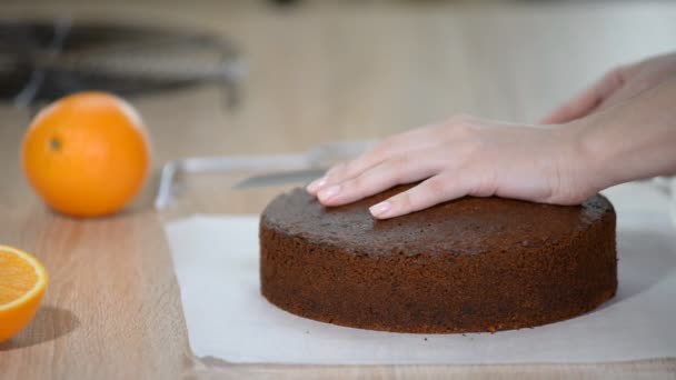 レイヤーのケーキカット チョコレートの層のケーキを作る — ストック動画