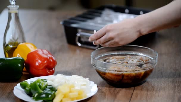 Струнные куриное мясо и овощи на шампуре . — стоковое видео