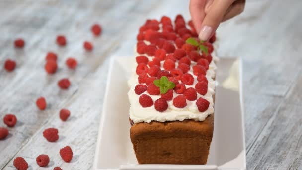 Pastel con frambuesas y hojas de menta . — Vídeos de Stock