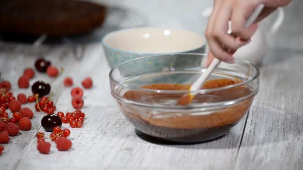 自家製のチョコレートを作っている主婦です。国内キッチンでチョコレート調理用の泡立て器ケーキ パン屋さんで材料を混ぜて女性. — ストック動画