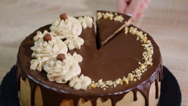 Schokoladenkuchen mit Haselnuss. Stück selbstgebackener Kuchen — Stockvideo